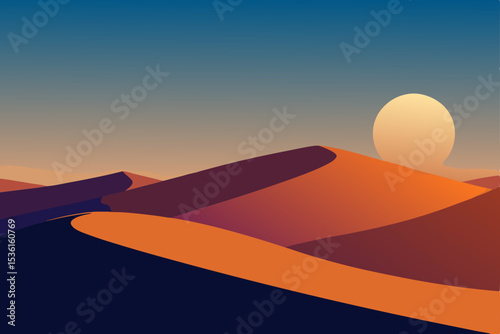 rolling sand dunes with a glowing sun low in the