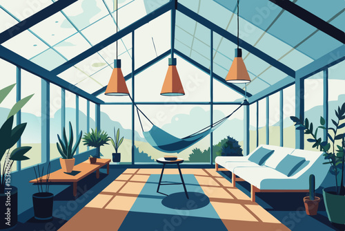 rooftop greenhouse living room with glass ceiling  