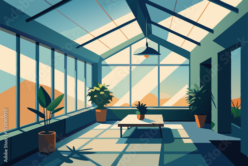 rooftop greenhouse living room with sunlight strea 
