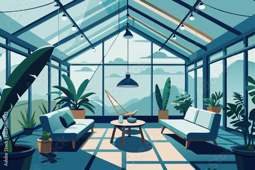rooftop greenhouse living room with glass ceiling .svg