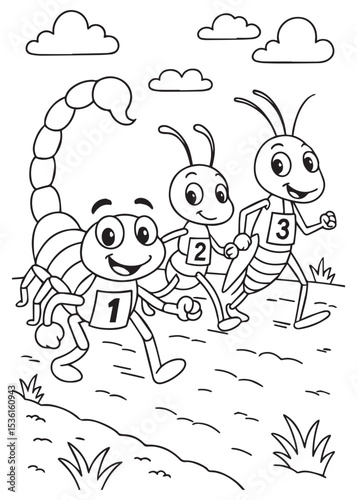 Coloring book scorpion, an ant, and a cricket are engaged in a lively race