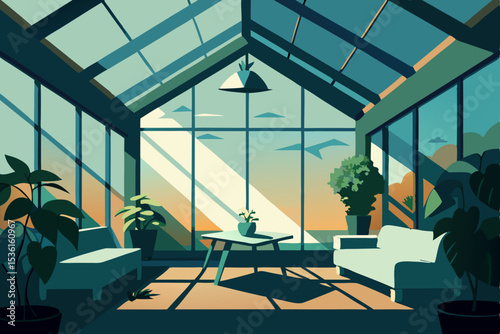 rooftop greenhouse living room with sunlight strea.svg