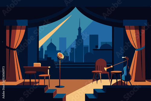 rooftop jazz bar living room with velvet curtains  