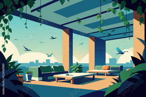 rooftop jungle living room with vines crawling 