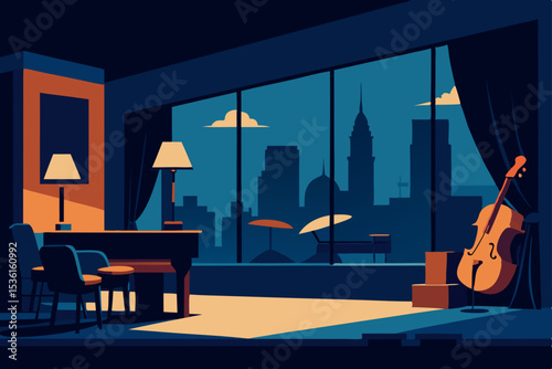 rooftop jazz bar living room with velvet curtains .svg