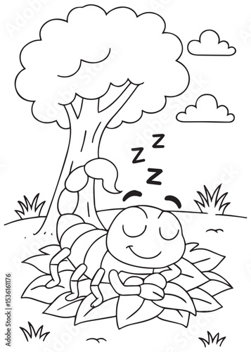 Coloring book scorpion is peacefully sleeping in a nest of leaves under a tree