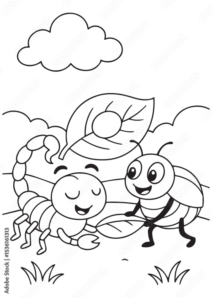 Fototapeta premium Coloring book scorpion and a happy beetle are friends, touching leaves together