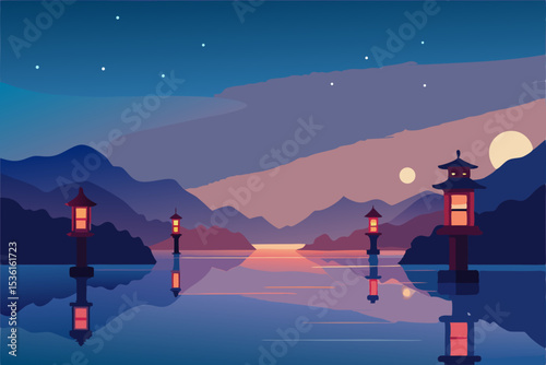 serene lake at dusk with lanterns floating 