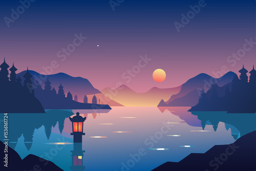 serene lake at dusk with lanterns floating on the .svg