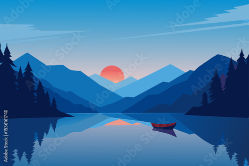 serene lake at sunrise with a lone canoe and rippl