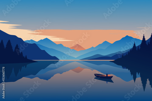 serene lake at sunrise with a lone canoe and rippl.svg