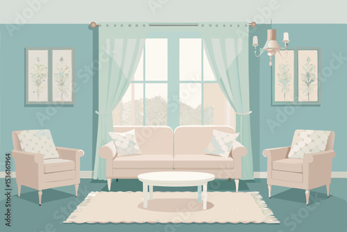 shabby chic living room with vintage lace curtains
