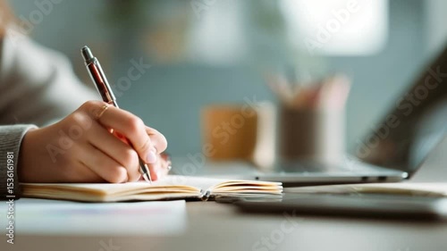 Pen on Paper: The gentle touch of a hand guides a pen across a blank notebook page, a moment of inspiration and focused creation. A close-up shot