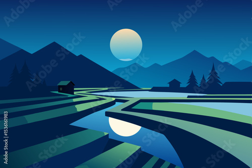 serene rice paddies under moonlight with glowing