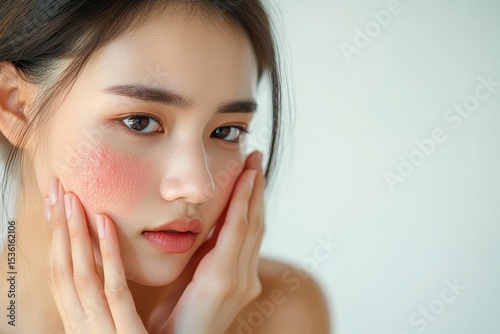 Sensitive skin care: Asian young woman inspecting a red rash on her face caused by a cosmetic allergy, trying to find a solution., Generative AI
