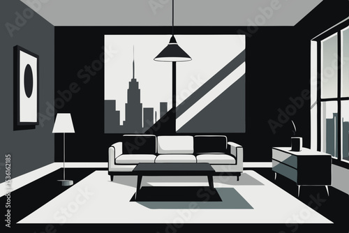 sleek monochrome living room with high contrast 