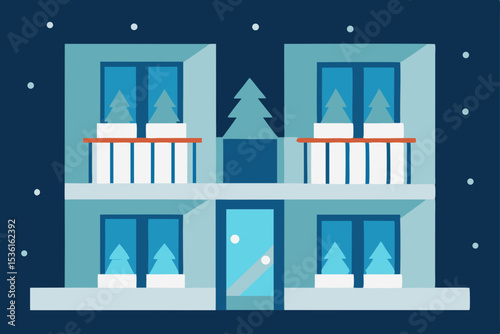 snow covered apartment balconies with little trees 