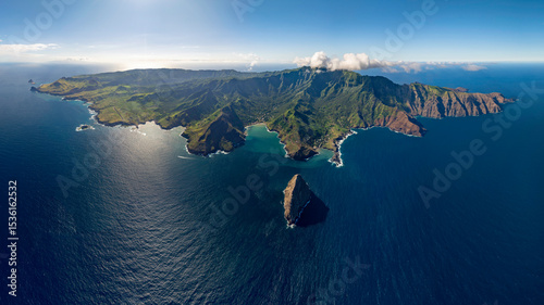 magnificent aerial view of the island of UA HUKA in the Marquesas archipelago in French Polynesia