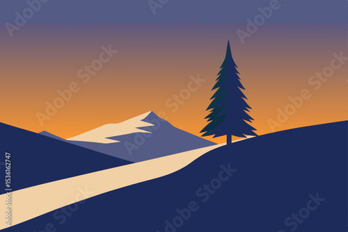 snowy hilltop with a single pine tree and golden 