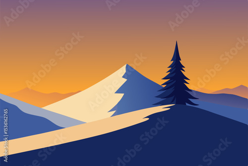snowy hilltop with a single pine tree and golden 
