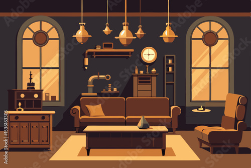 steampunk parlor style living room with brass deta.svg
