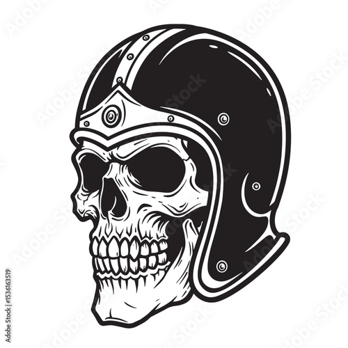 A detailed monochromatic skull illustration wearing a retro motorcycle helmet with a decorative head piece depicting a silhouette.