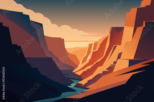 stylized canyon scene with deep shadows and layere.svg