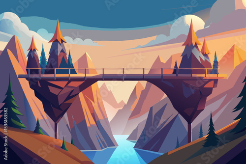 stylized fantasy bridge suspended between two floa 