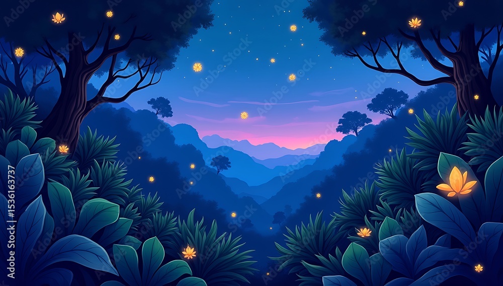 Obraz premium Flat cartoon jungle landscape with layered foliage, vines, and glowing bugs. Nighttime side-scrolling animation with parallax effect.