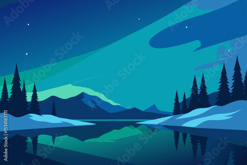 stylized northern lights over a frozen lake 