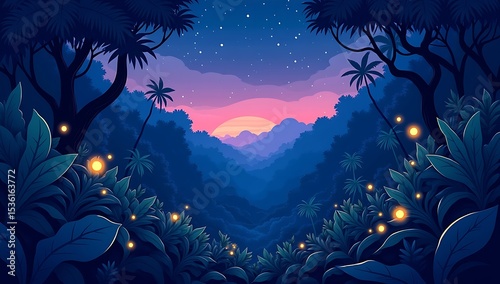 Flat cartoon jungle landscape with layered foliage, vines, and glowing bugs. Nighttime side-scrolling animation with parallax effect.