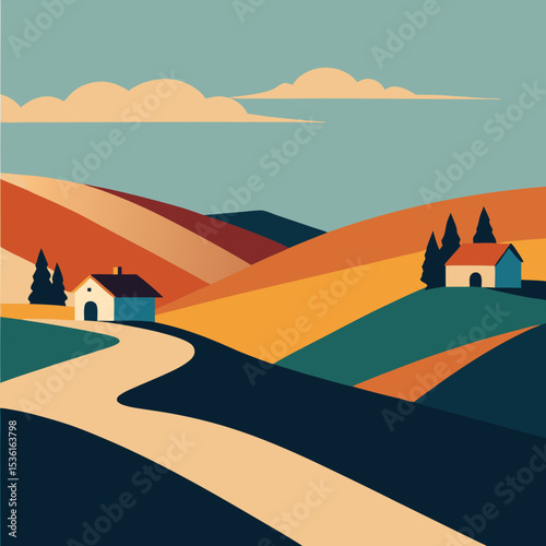 stylized valley with rolling hills and scattered f.svg