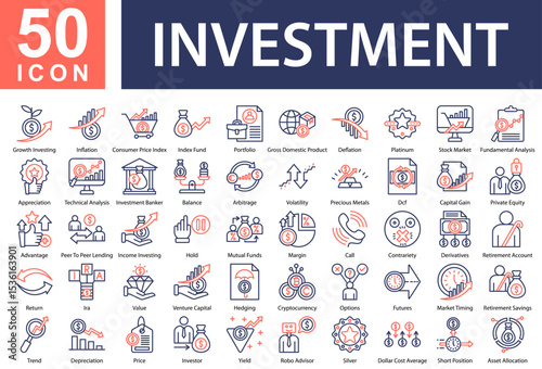 Investment Icon Collection and Simple Concept Outline Color, Containing: Growth Investing,Inflation,Consumer Price Index,Index Fund,Portfolio,Gross Domestic Product,Deflation,Platinum,Stock Market