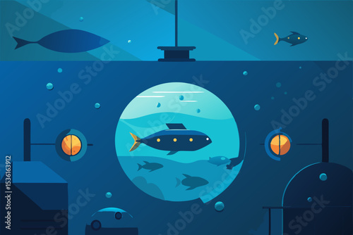 submerged submarine living room with portholes 