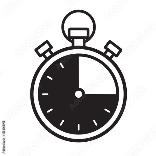 A simple black and white silhouette stopwatch icon representing time measurement and deadlines with quarter time shown.