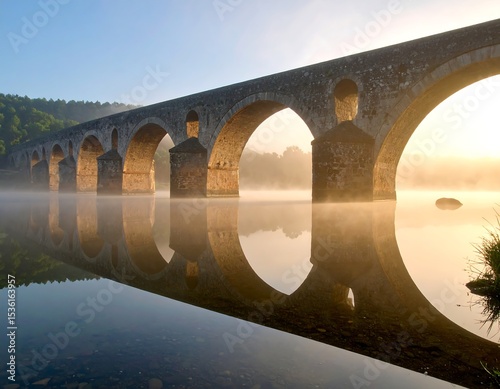 Stone bridge over misty river at sunrise