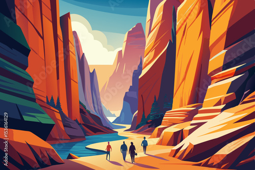 sunlit canyon trail with hikers and colorful rock 
