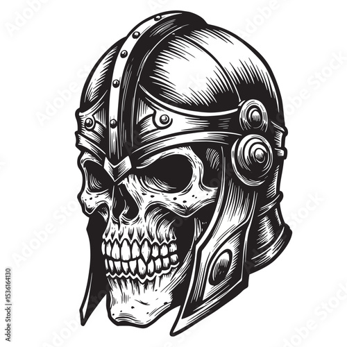 A striking black and white silhouette illustration of a skull wearing an intricate ancient helmet design reflecting the themes of mortality and history.