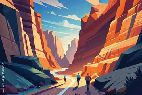 sunlit canyon trail with hikers and colorful rock .svg
