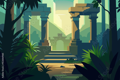 sunlit jungle ruins with vines and stone carvings 