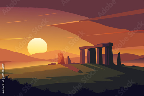 sunset behind ancient stone ruins in a grassy fiel