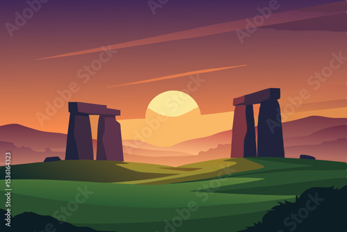 sunset behind ancient stone ruins in a grassy fiel.svg