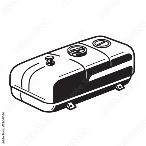 Artistic black and white silhouette illustration of a classic vehicle fuel tank with detailed design elements