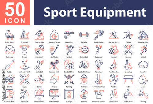 Sport Equipment Icon Collection and Simple Concept Outline Color, Containing: Roller Skates,Treadmill,Exercise Bike,Shooting Target,Airsoft Gun,Barbells,Tennis Racket,Starting Block,Frisbee