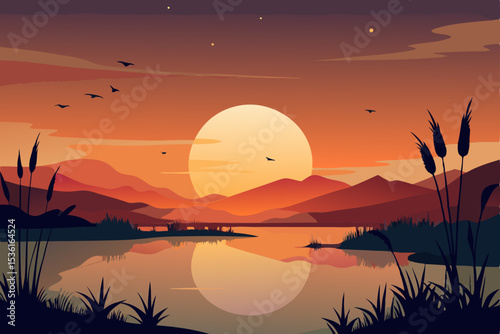 sunset over a quiet marshland with birds 
