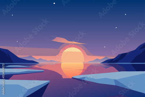 sunset over an icy tundra with glowing reflections.svg