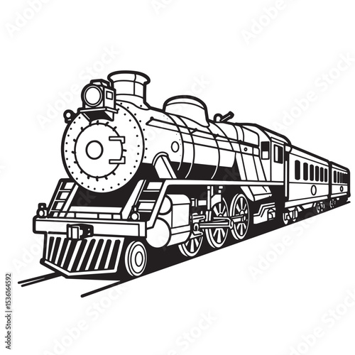 Black and white silhouette illustration of a classic steam train locomotive transporting passengers across a vast landscape