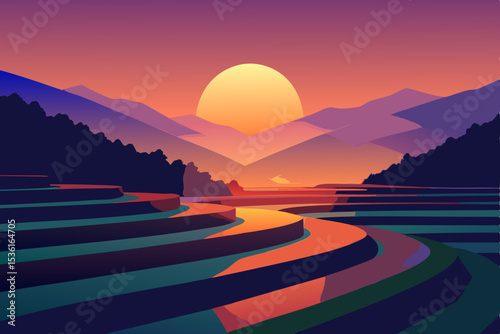 sunset over terraced rice fields with a reflective