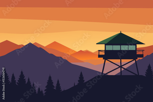 sunset view from a mountaintop fire lookout tower  