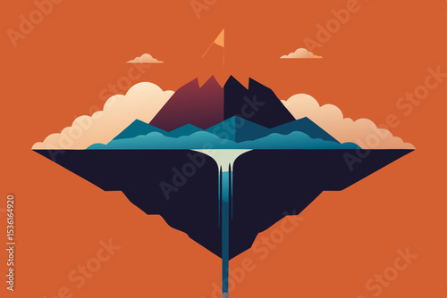 surreal floating mountain with a waterfall pouring 